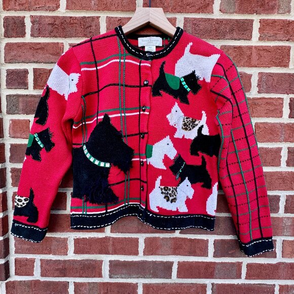 VTG Susan Bristol Scottie Dog Cardigan Sweater Petite Med Red Y2K - Picture 1 of 10